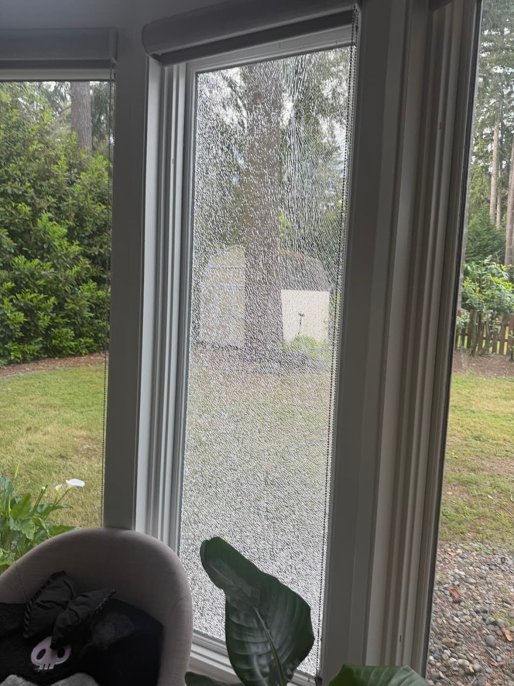 Shattered bay window pane before replacement